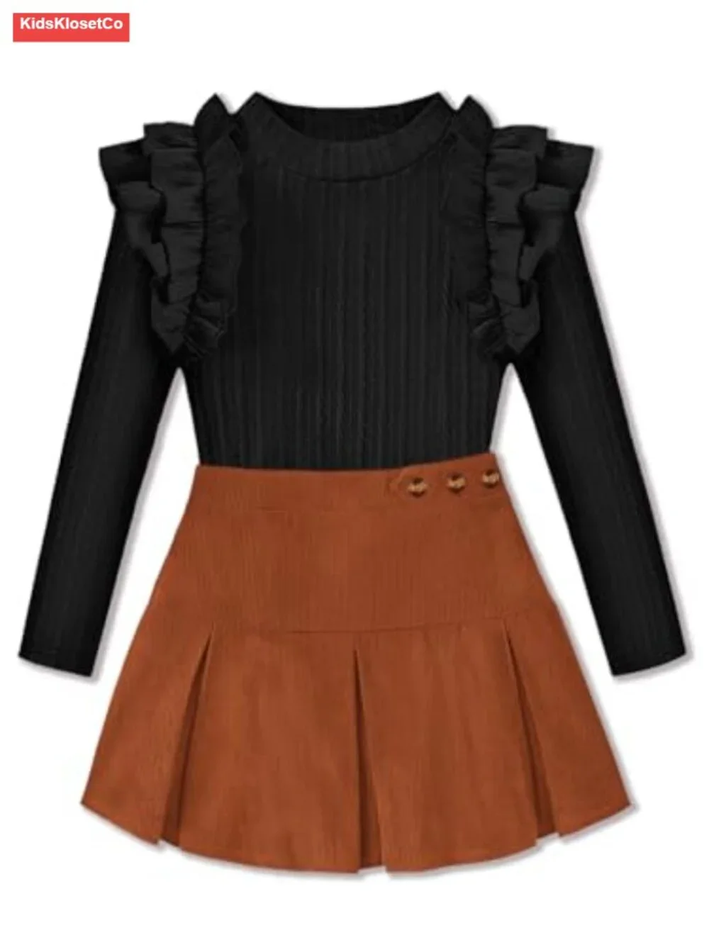 Girls Ribbed Knit Ruffle Sleeve Top Plaid Pleated Skirt Set Fall Winter 2-Piece